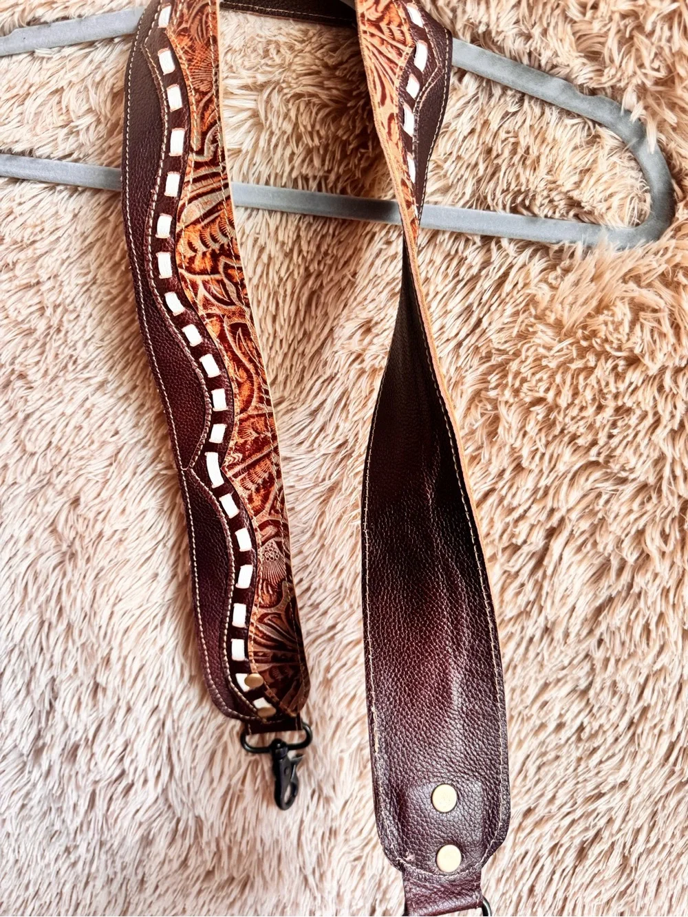 Brown Tooled Leather Camera/Bag Strap with White Accent